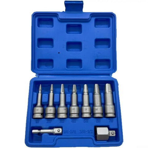Top Shelf Broken Screw Extractor Set With Hex Socket Removal Tools For Stripped Bolts And Damaged Fasteners Perfect Auto Repair Kit In Metal Case Tough As Nails blue metal case with 7 extractor bits