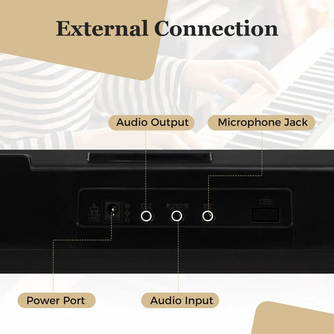 External ports on the 61 Key Portable Keyboard Piano With Light Up Keys Microphone Headphones Stickers Carrying Bag 200 Rhythms 200 Tones 70 Demos