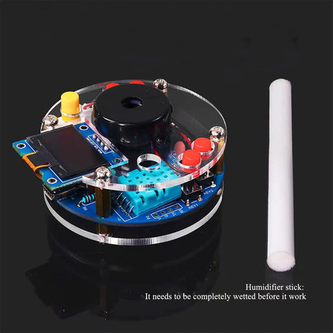Hands On Humidity Controller DIY Kit With OLED Temperature Display Soldering Practice For Electronics Enthusiasts Learn Arduino Programming And Circuit Design Build A Real World PID Control Project showing circuit components and OLED screen with a humidifier stick.