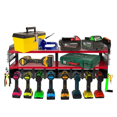 Cordless Drill Charging Station With Eight Drill Holders, Heavy Duty Power Tool Organizer, Wall Mount Shelf, tools displayed