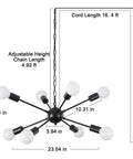 Diagram of Eight Light Sputnik Chandelier In Brushed Nickel, Modern Industrial Ceiling Light Fixture For Dining Room, Kitchen, Living Room, Bedroom And Foyer, Pre Wired For Easy Install showing dimensions.