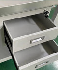 Rock Solid Hella Tough Heavy Duty Steel Top Workbench With Secure Vise Mount Base For Garage Shop Auto Repair And Woodworking Jobs Crafted From 8MM Rugged Steel Plate with open storage drawers.