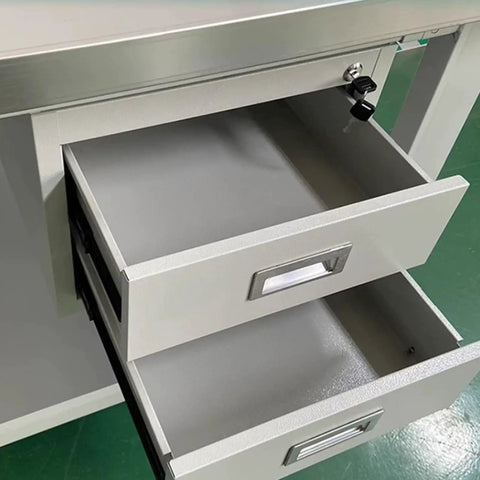 Rock Solid Hella Tough Heavy Duty Steel Top Workbench With Secure Vise Mount Base For Garage Shop Auto Repair And Woodworking Jobs Crafted From 8MM Rugged Steel Plate with open storage drawers.