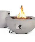 Outdoor Propane Fire Pit Table Set With Tank Cover For Backyard Hangouts And Patios, 2-Piece 50,000 BTU Concrete Bowl Fire Pit, SUS201 Round Burner With Steel Lid, Lava Rocks, Rain Cover Included with flames and tank cover visible.