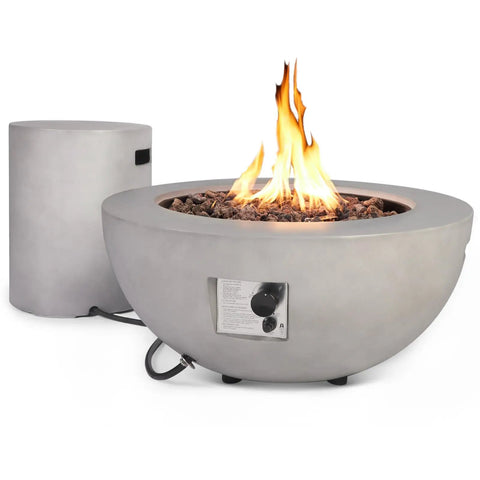 Outdoor Propane Fire Pit Table Set With Tank Cover For Backyard Hangouts And Patios, 2-Piece 50,000 BTU Concrete Bowl Fire Pit, SUS201 Round Burner With Steel Lid, Lava Rocks, Rain Cover Included with flames and tank cover visible.