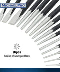 Close-up of tools in Heavy Duty Punch and Chisel Kit, 16-Piece Set With Center Punches, Pin Punches, Pro Grade Chrome Vanadium Steel