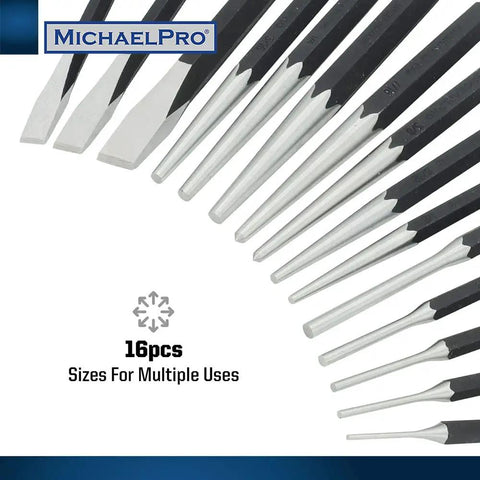 Close-up of tools in Heavy Duty Punch and Chisel Kit, 16-Piece Set With Center Punches, Pin Punches, Pro Grade Chrome Vanadium Steel