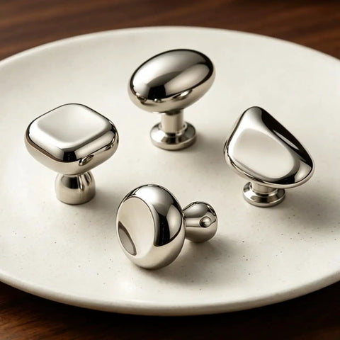 Dope Ultra Sleek Titanium Silver Square Mushroom Cabinet Knobs Set 1.07 Inch, polished chrome, on white plate