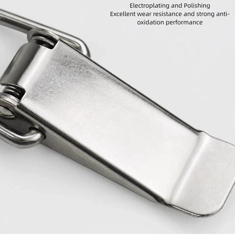 Close-up of stainless steel spring toggle latch, 4 pack, rust resistant tool box trunk latch with secure clamp for large boxes and cases.