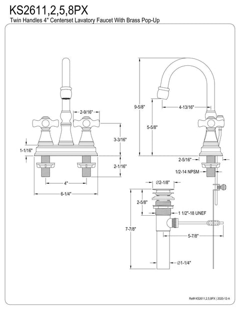 Technical drawing of Governor 4 Inch Centerset Lavatory Faucet With Brass Pop Up And Porcelain Cross Handle Polished Chrome High Arc Spout