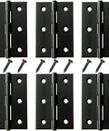 Six Pack 3 Inch Black Stainless Steel Butt Hinges With Hardware Heavy Duty Rust Resistant Cabinet Door Hinges For Furniture And Fine Woodworking Built Tough Ready To Rock On Any Job with screws shown.