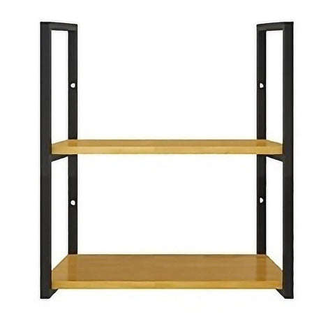 Heavy Duty Wall Shelf Brackets Black Metal Floating Supports Square Tube Wall Mounts Built Tight For Heavy Lifting With Mounting Screws Included Space Saving Rack Hardware No Wooden Plank Needed Three Pack Set with two wooden shelves