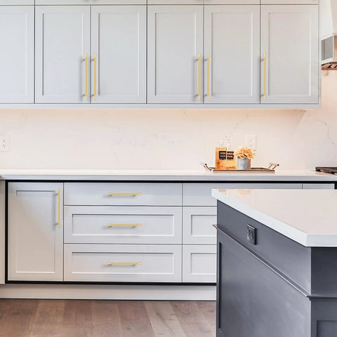 Kitchen with Brushed Gold Knurled Cabinet Pulls, 10 Pack, 3 Inch Center To Center Holes, Solid Zinc Alloy Kitchen Cabinet Handles for cabinets.