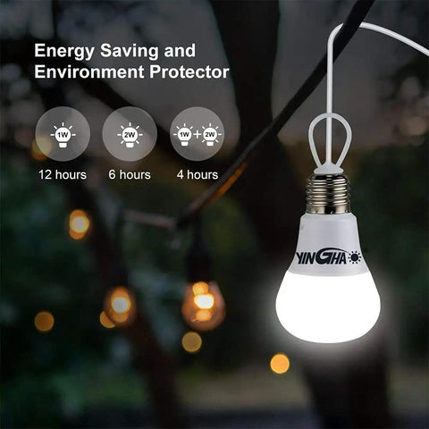 Off Grid Solar Light With Dual LED Bulbs And Solar Panel Pendant glowing in outdoor night setting, energy saving