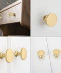 Gold Brushed Brass Cabinet Knobs 25 Pack For Cabinets And Dresser Drawers Round Mushroom Style Hardware on Wood and White Surfaces
