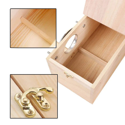 Interior view of Paulownia Wood Nesting Box For Pet Birds with hinge mechanism and divider for secure breeding home.