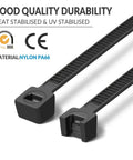 Close-up of 12 Inch UV Resistant Zip Ties, 1200 Pcs, 75 Lbs Tensile Strength, Premium Self Locking Cable Ties, nylon material.
