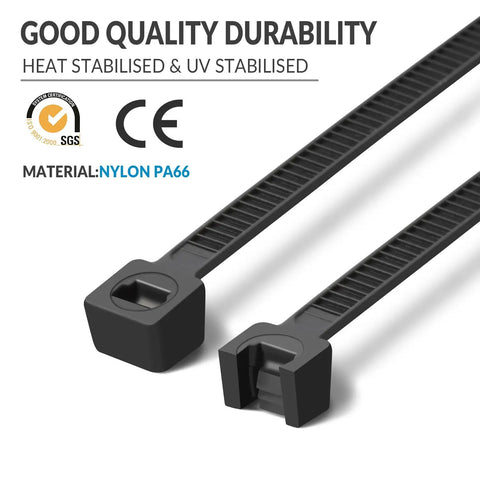 Close-up of 12 Inch UV Resistant Zip Ties, 1200 Pcs, 75 Lbs Tensile Strength, Premium Self Locking Cable Ties, nylon material.
