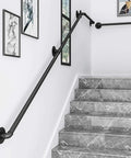 Adjustable Step Handrail For Indoor Outdoor Stairs, Heavy Duty Wrought Iron Wall Banister on gray marble stairs.
