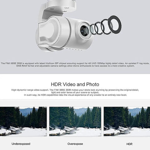 Close-up of GPS Drone With 4K UHD Camera For Adults FPV Quadcopter lens detailing HDR capability.