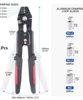 Heavy Duty Wire Rope Crimping Tool Set With 180 Pcs Aluminum Double Barrel Ferrule Sleeves 1.2mm 1.5mm 2mm Pouch Included Crimp Pliers For Fishing Marine And DIY Rigging showing crimping sizes and sleeves