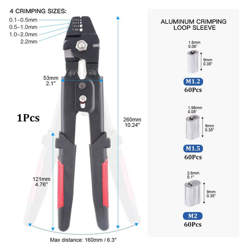 Heavy Duty Wire Rope Crimping Tool Set With 180 Pcs Aluminum Double Barrel Ferrule Sleeves 1.2mm 1.5mm 2mm Pouch Included Crimp Pliers For Fishing Marine And DIY Rigging showing crimping sizes and sleeves