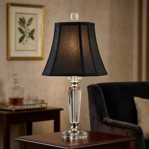 Rectangle Cut Corner Lamp Shade 5x6.5 Top By 8x12 Bottom 10 Inch Slant Height Black With Gold Lining on a table lamp