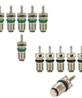 12 Pack Valve Core Kit For R134A Car Air Conditioning System Replacement Schrader Stem Cores Leakproof with green and black rings.