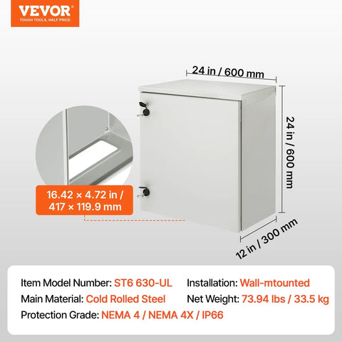 Badass Carbon Steel NEMA 4 Electrical Enclosure 24X24X12 with wall-mount installation and cold rolled steel construction.