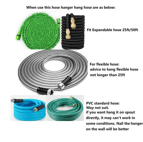 Four expandable hoses for use with Beefy Heavy Duty Garden Hose Holder For 50Ft And 25Ft Expandable Hose, Steel Wall Mount Rack.