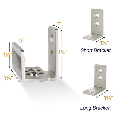 Sliding Barn Door Bottom Floor Guide U Shape With Flush Flat Bottom Easy Install Wall Mounted System For Doors And Cabinets Flexible Adjustable Fit Distance Brushed Nickel 2 Pack, showing dimension details of U-shaped floor guide and brackets.