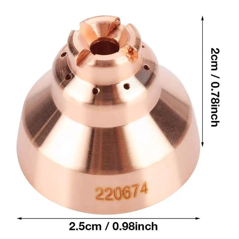 Five Piece Plasma Consumables Set For 220674 Coverfit Plasma Cutter Torch Replacement Parts shown with dimensions