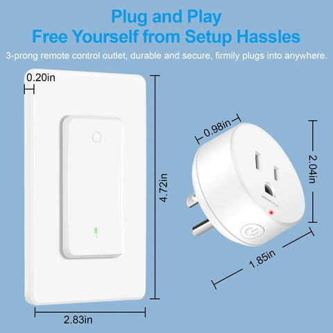 Remote Control Outlet Switch With Wireless Wall Mount For Lamps Fans And Household Appliances No Wiring Needed 15 Amps 1500 Watts 500 Feet RF Range Super Easy On Off shown with dimensions