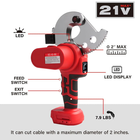 Crafthydro 21V Cordless Battery Electric Ratcheting Cable Cutter Heavy Duty Tool with LED display and maximum cut diameter of 2 inches.