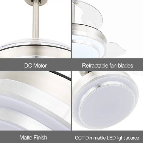 Retractable Ceiling Fan With Lights And Remote, 6 Speed DC Motor, Color Changing LED Lighting, Brushed Nickel Finish details