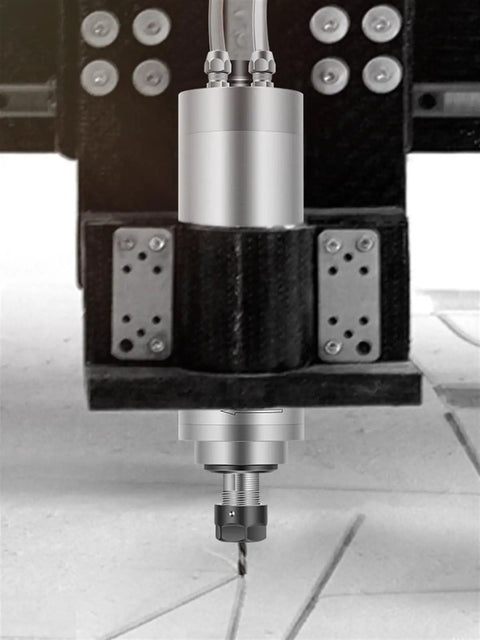 Image of Top Shelf 5.5KW Water Cooled Cnc Spindle Motor 380V 24000Rpm Er25 Chuck mounted on CNC machine for stone engraving.