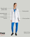 Woman wearing a white lab coat with 3-button front closure, chest pocket, and two front pockets, suitable for medical professionals.