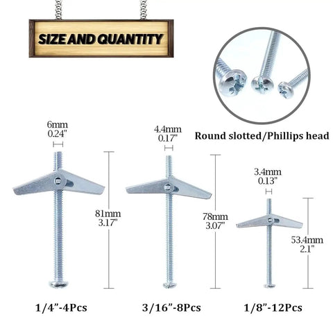 Heavy Duty Hollow Wall Anchors Kit Set Of 72 Carbon Steel Toggle Bolts And Wing Nuts for drywall with size specifications.