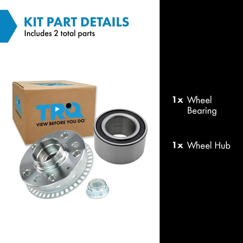 Wheel Bearing And Hub Kit Compatible With Audi TT Quattro 2000 Through 2006 Beetle 1998 Through 2010 Golf 2000 Through 2005 Jetta 1999 Through 2005 Includes One Bearing And One Hub Easy DIY Swap For VW And Audi Models, showing a metal hub and bearing, with packaging in the background.