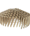 Close-up of 1-1/4 Inch 15 Degree Electro-Galvanized Coil Roofing Nails Smooth Shank.120 Inch Diameter Thin Flat Head coils