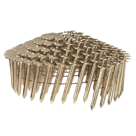 Close-up of 1-1/4 Inch 15 Degree Electro-Galvanized Coil Roofing Nails Smooth Shank.120 Inch Diameter Thin Flat Head coils