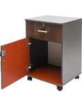 Slick Locking Vertical File Cabinet With Smooth Glide Casters And Ample Under Desk Storage Space, engineered wood with open drawer.