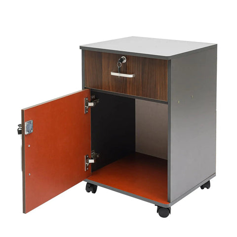 Slick Locking Vertical File Cabinet With Smooth Glide Casters And Ample Under Desk Storage Space, engineered wood with open drawer.