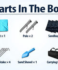 Parts included in Ten By Ten Foot UPF50 Plus Beach Tent Sun Shelter: tent, 2 poles, 4 sandbags, 4 stakes, sand shovel, carrying bag