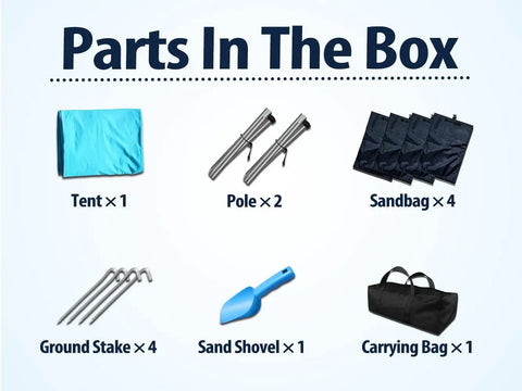 Parts included in Ten By Ten Foot UPF50 Plus Beach Tent Sun Shelter: tent, 2 poles, 4 sandbags, 4 stakes, sand shovel, carrying bag