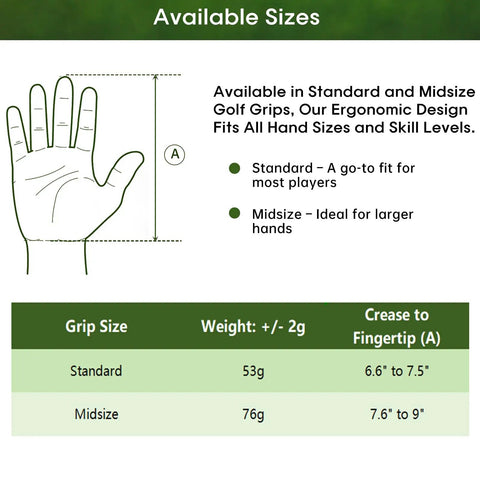 Size chart for standard and midsize All Weather Multi Compound Golf Grips With Regripping Kit For Men And Women Corded Rubber Golf Club Grips