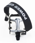 All Metal Bike Pedal Kit With Straps For MTB Road Gravel And Commuter Riding, Pre Assembled, shown from front with visible foot strap