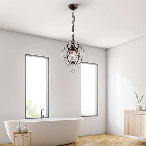 Modern Mini Crystal Chandelier With Iron Bronze Finish Ceiling Mount 1 Light Lighting Fixture in bathroom setting