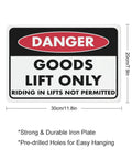 Danger sign with 'Goods Lift Only, Riding in Lifts Not Permitted' text, 20x30 cm, strong iron plate