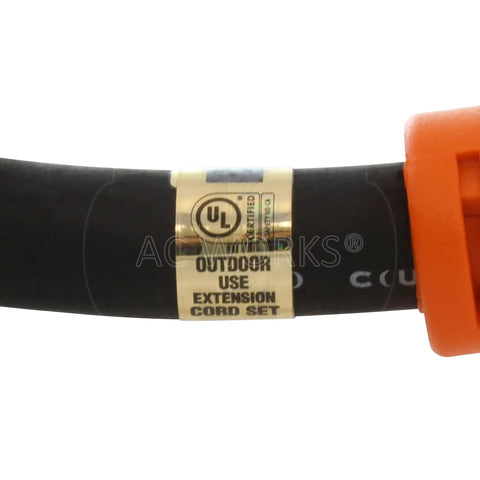 Close-up of Locking NEMA L15-20 Extension Cord 20A 250V 12/4 SOOW Rubber label for outdoor use.